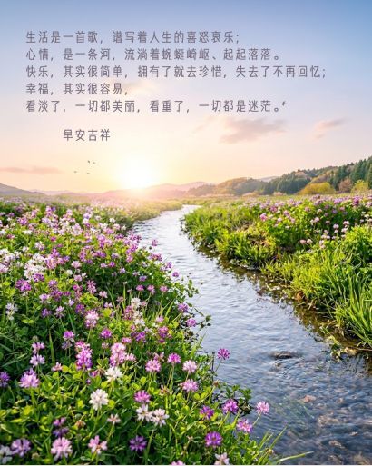 朝日が昇る花咲く川辺と中国語のメッセージ
