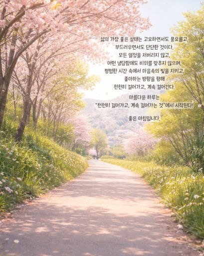 桜並木と韓国語のメッセージ