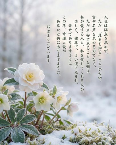 雪の中に咲く白い花と日本語のメッセージ