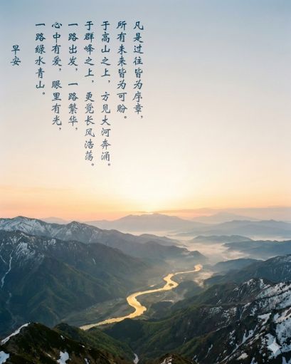 朝日に照らされる山並みと川、中国語のメッセージ