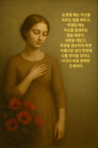 赤い花を持ち胸に手を添える女性と韓国語のメッセージ