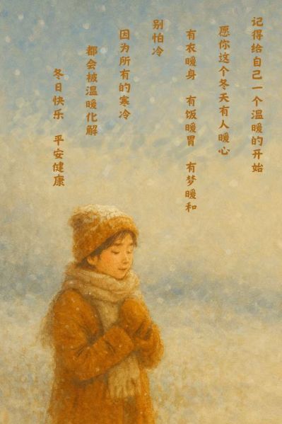 雪の中で手を合わせる子どもと中国語のメッセージ