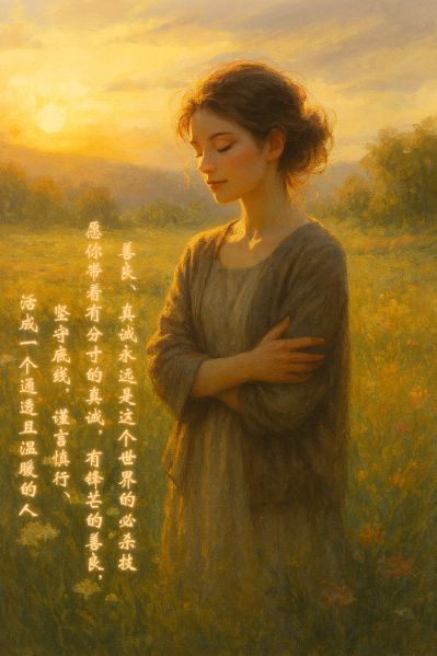 夕暮れの草原に立つ女性と中国語のメッセージ