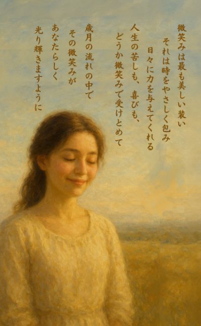 穏やかに微笑む女性と日本語のメッセージ