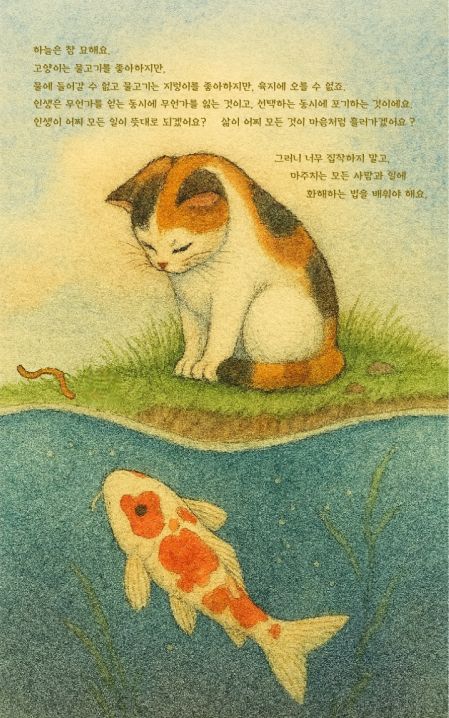 水辺の三毛猫と鯉、韓国語のメッセージ